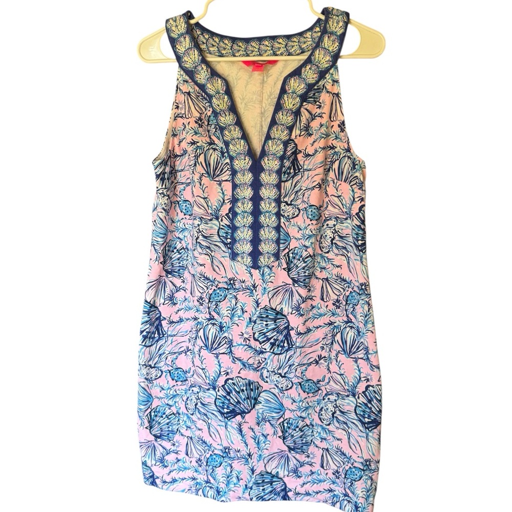 Lilly Pulitzer Sleeveless Pink & Blue Printed V-Neck Dress - Picture 2 of 12